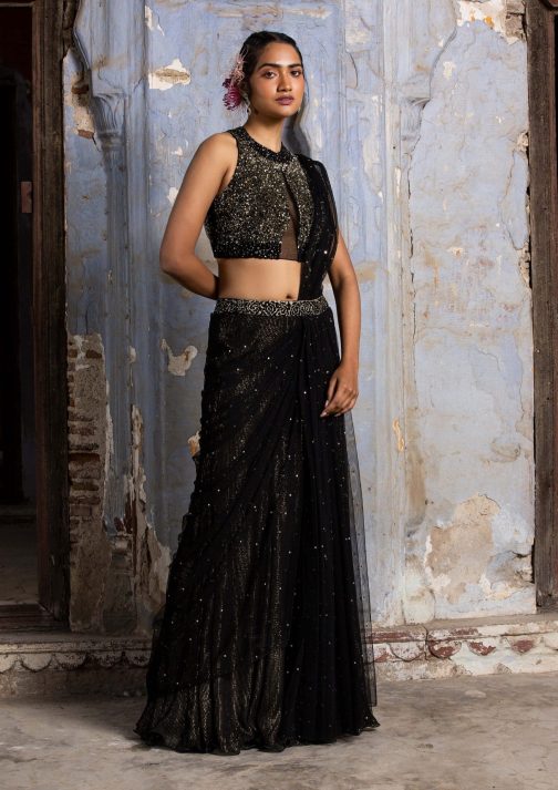 Little Wish - Black and Gold Draped Sari with Coordinated Blouse for a Luxe Finish