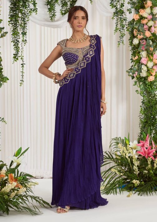 Little Wish - Purple Draped Sari with Coordinated Blouse for a Regal and Graceful Look