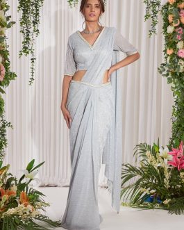 Little Wish - Silver Draped Shimmer Sari with Matching Blouse for an Elegant Look
