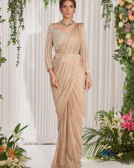 Little Wish - Golden Draped Shimmer Sari Set for a Luxurious and Eye-Catching Look