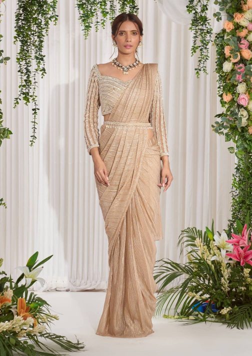 Little Wish - Golden Draped Shimmer Sari Set for a Luxurious and Eye-Catching Look