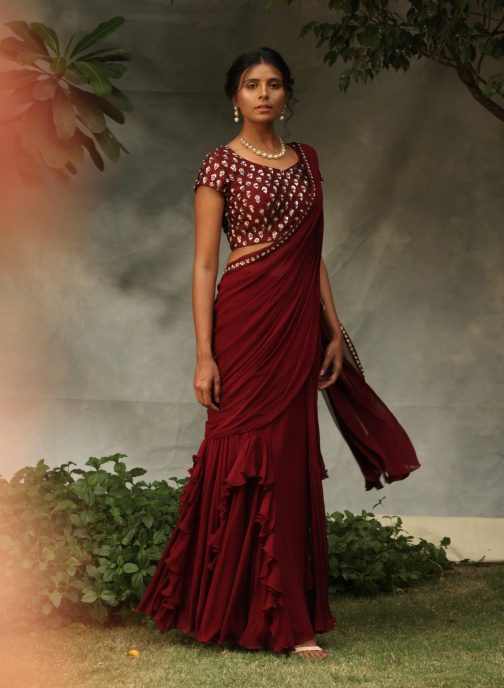 Little Wish - Maroon Draped Embellished Saree Set ? A Rich and Elegant Look with Embroidered Detailing