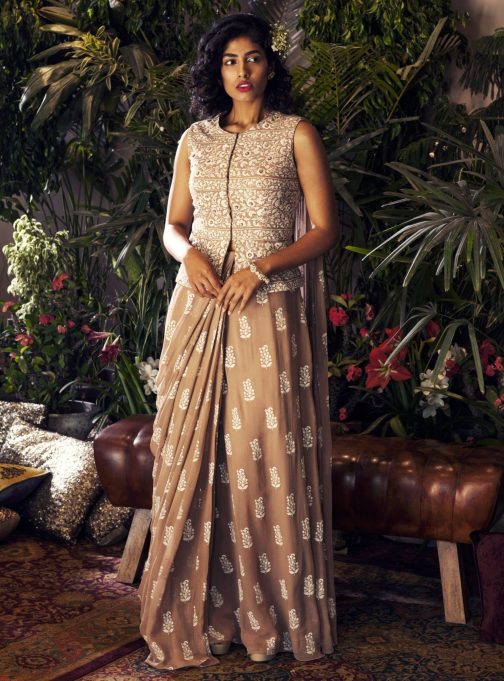 Little Wish - Beige Jacket Blouse and Saree Set ? A Sophisticated and Neutral-Toned Ensemble
