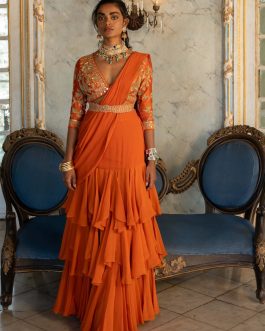 Little Wish - Burnt Orange Layered Draped Sari Set for a Unique Statement