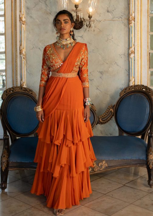 Little Wish - Burnt Orange Layered Draped Sari Set for a Unique Statement