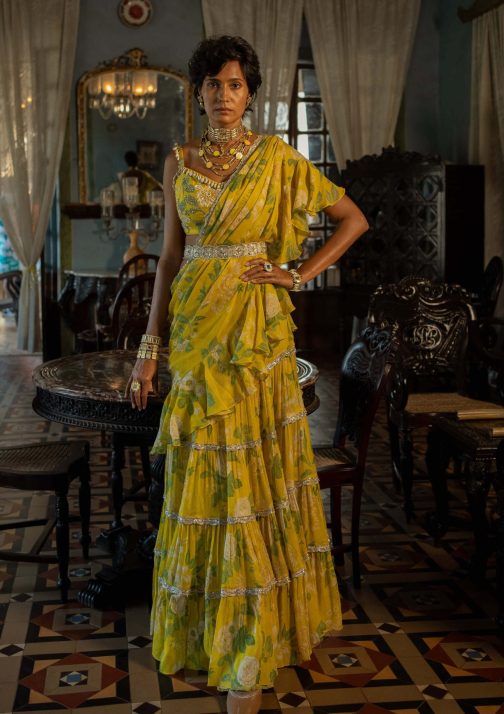 Little Wish - Refreshing Yellow and Mint Ruffle Sari Set for a Vibrant Appeal