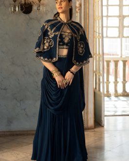 Little Wish - Navy Blue Draped Sari Set with Stylish Cape for a Chic Look