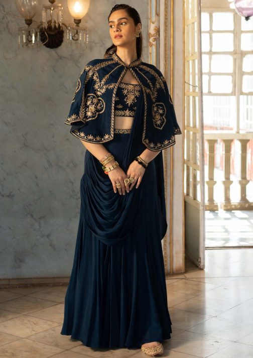 Little Wish - Navy Blue Draped Sari Set with Stylish Cape for a Chic Look