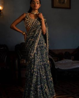 Little Wish - Navy Blue Printed Sari Set with Kowri Shell Embellishments