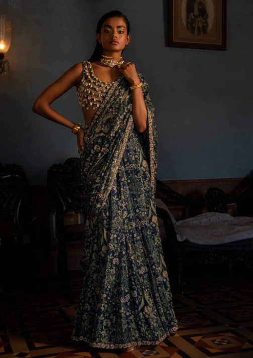 Little Wish - Navy Blue Printed Sari Set with Kowri Shell Embellishments