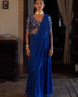 Little Wish - Electric Blue Antique Embroidered Sari Set for a Regal Look