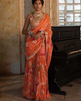 Little Wish - Burnt Orange Floral Sharara Sari with Coordinated Blouse
