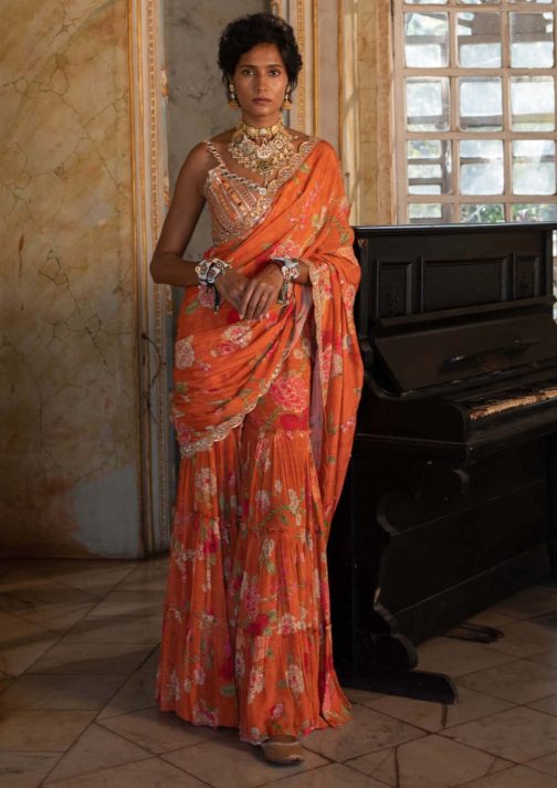Little Wish - Burnt Orange Floral Sharara Sari with Coordinated Blouse