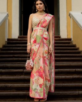 Little Wish - Multicolor Bloom Printed Pre-Draped Sari Set for a Fresh and Floral Aesthetic