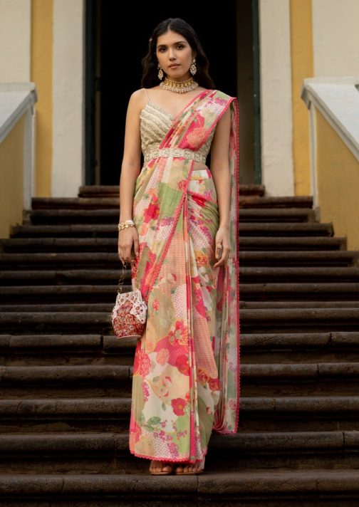 Little Wish - Multicolor Bloom Printed Pre-Draped Sari Set for a Fresh and Floral Aesthetic