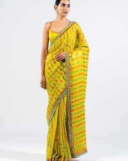Little Wish - Moss Green Mirror Pre-Draped Sari with Coordinated Blouse for a Chic Statement
