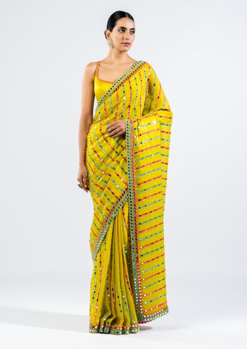 Little Wish - Moss Green Mirror Pre-Draped Sari with Coordinated Blouse for a Chic Statement
