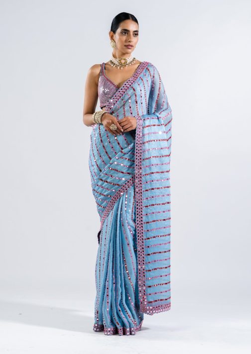 Little Wish - Ice Blue Pre-Draped Sari with Sequin Blouse for a Sparkling and Elegant Statement