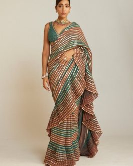 Little Wish - Mud Green Pre-Draped Sari with Blouse for a Subtle Sophisticated Look
