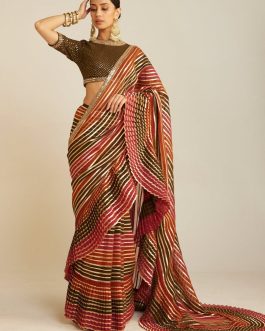 Little Wish - Olive Green Pre-Draped Sari and Blouse Set with Elegant Drapes