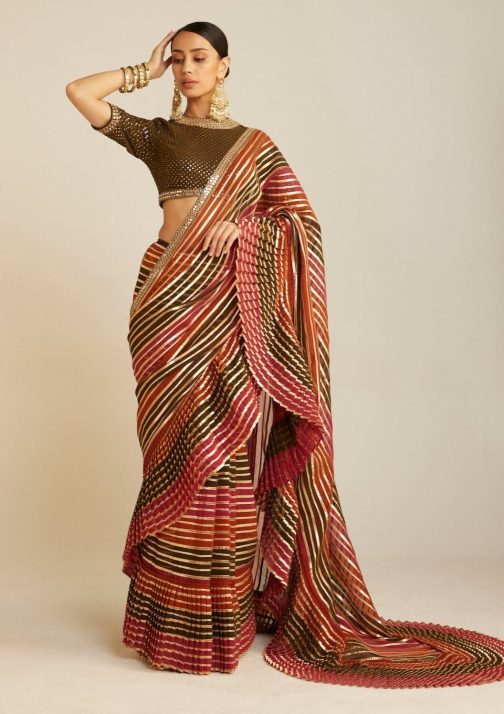 Little Wish - Olive Green Pre-Draped Sari and Blouse Set with Elegant Drapes