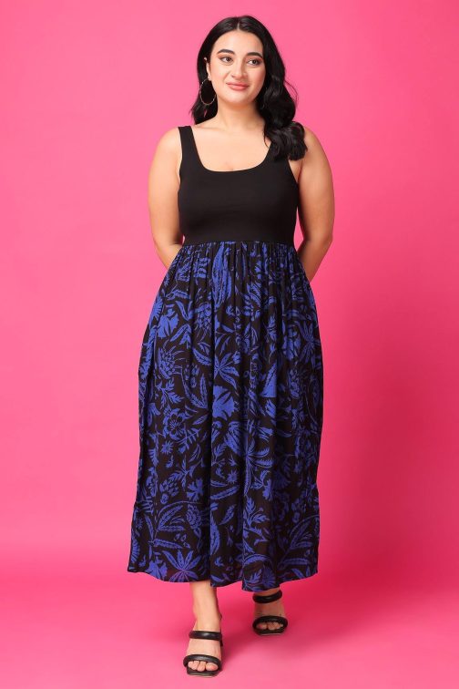 Little Wish - Black & Blue Half Solid Half Printed Mix Dress ? Unique Contrast Pattern Dress