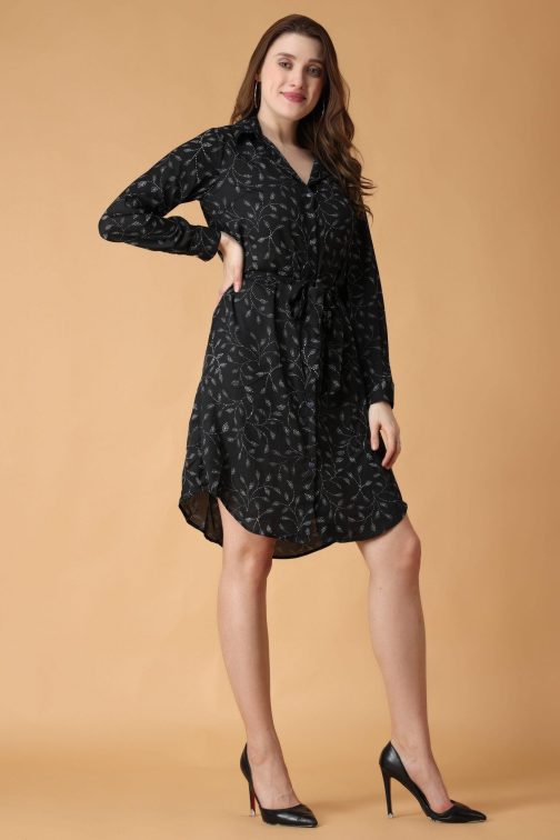 Little Wish - Black Dots Leaf Printed Buttoned Tie-Up Dress ? Chic Polka & Leaf Print Midi Dress