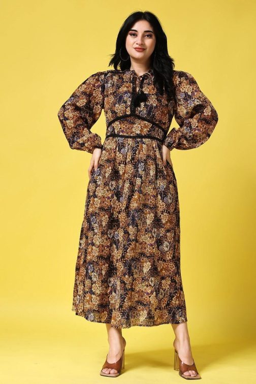 Little Wish - Black Floral Printed Dress with Puff Sleeves ? Trendy Vintage-Inspired Midi Dress