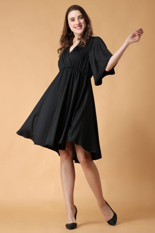 Little Wish - Black Solid Dress with Bell Sleeves ? Elegant Flowy Sleeve Party Dress