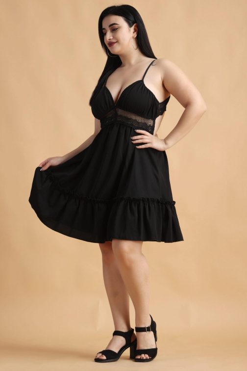 Little Wish - Black Solid Dress with Lace ? Elegant Lace Detail Cocktail Dress