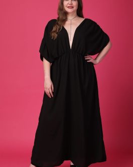 Little Wish - Black Solid Dress with Plunging Neckline ? Elegant Deep V-Neck Evening Dress