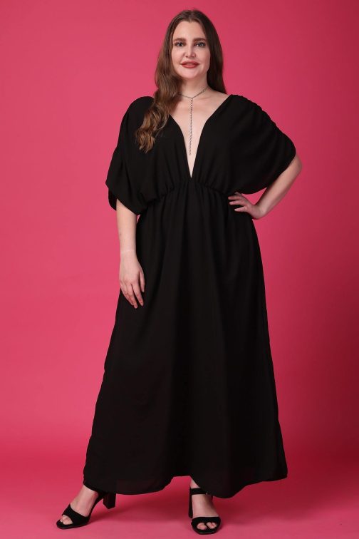 Little Wish - Black Solid Dress with Plunging Neckline ? Elegant Deep V-Neck Evening Dress