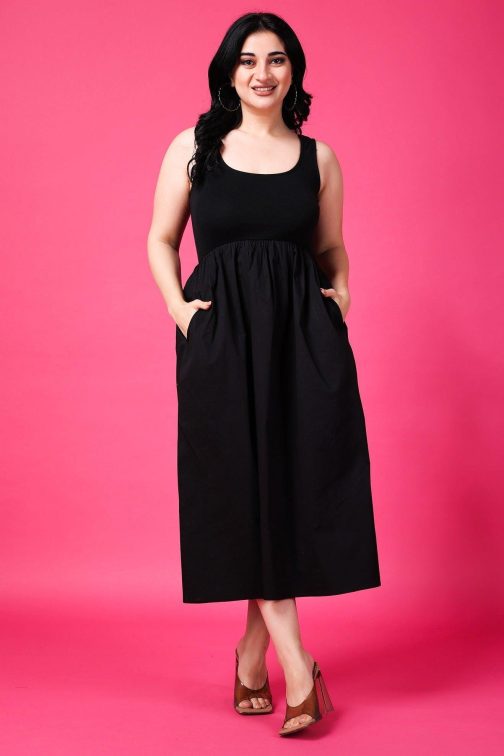 Little Wish - Black Solid Dress with Pockets ? Casual Everyday Wear A-Line Dress