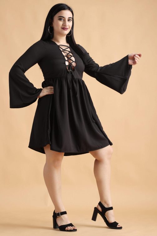 Little Wish - Black Solid Front Open Criss Cross Dress ? Stylish Cutout Party Dress