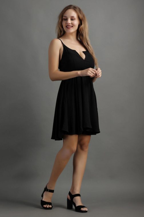 Little Wish - Black Solid Front Open Dress ? Elegant Buttoned Up A-Line Dress
