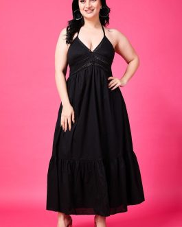 Little Wish - Black Solid Halter Neck Maxi Dress with Lace ? Elegant Evening Gown