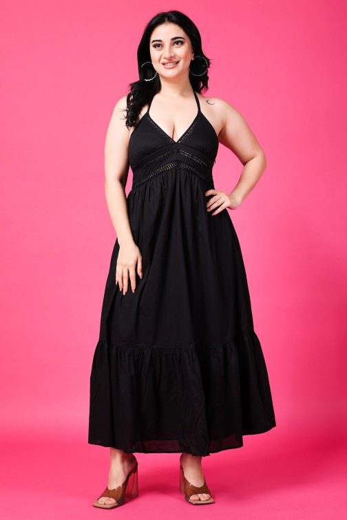 Little Wish - Black Solid Halter Neck Maxi Dress with Lace ? Elegant Evening Gown