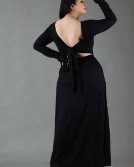 Little Wish - Black Solid Maxi Dress with Back Tie ? Stylish Open-Back Evening Dress