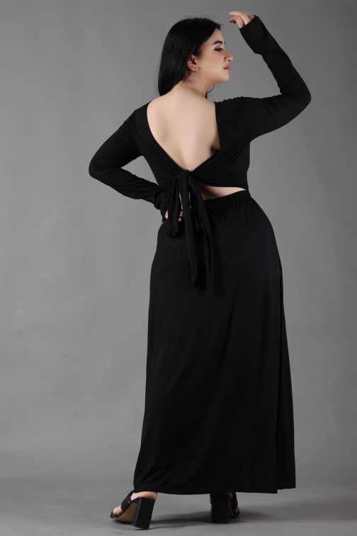 Little Wish - Black Solid Maxi Dress with Back Tie ? Stylish Open-Back Evening Dress