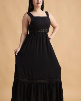 Little Wish - Black Solid Maxi Dress with Lace ? Classic Lace Panel Evening Gown