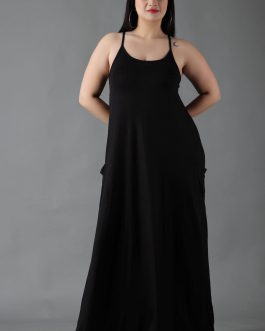Little Wish - Black Solid Maxi Dress with Straps ? Classic Sleeveless Evening Dress