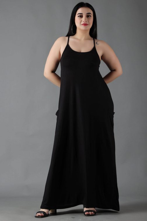 Little Wish - Black Solid Maxi Dress with Straps ? Classic Sleeveless Evening Dress
