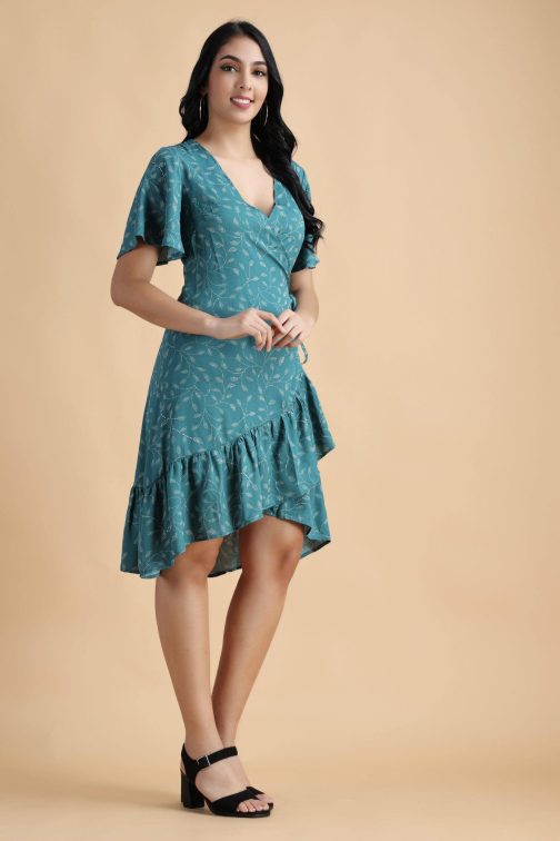 Little Wish - Blue Floral Foil Printed Wrap Around Asymmetric Dress ? Luxe Metallic Print Dress