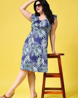 Little Wish - Blue Leaves Printed Dress ? Flowy Tropical Leaf Pattern Summer Dress