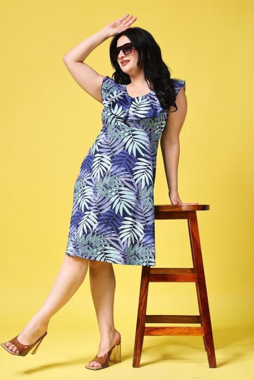 Little Wish - Blue Leaves Printed Dress ? Flowy Tropical Leaf Pattern Summer Dress