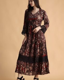 Little Wish - Brown Abstract Printed Dress with Lace ? Elegant Bohemian Style Dress