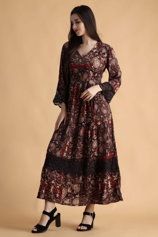 Little Wish - Brown Abstract Printed Dress with Lace ? Elegant Bohemian Style Dress