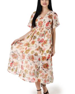 Little Wish - Cream Floral Printed Dress ? Soft Pastel Boho Midi Dress