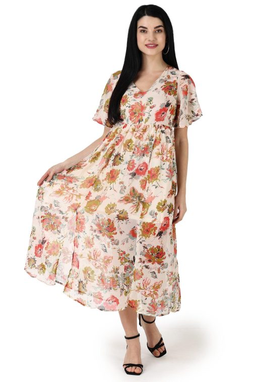 Little Wish - Cream Floral Printed Dress ? Soft Pastel Boho Midi Dress