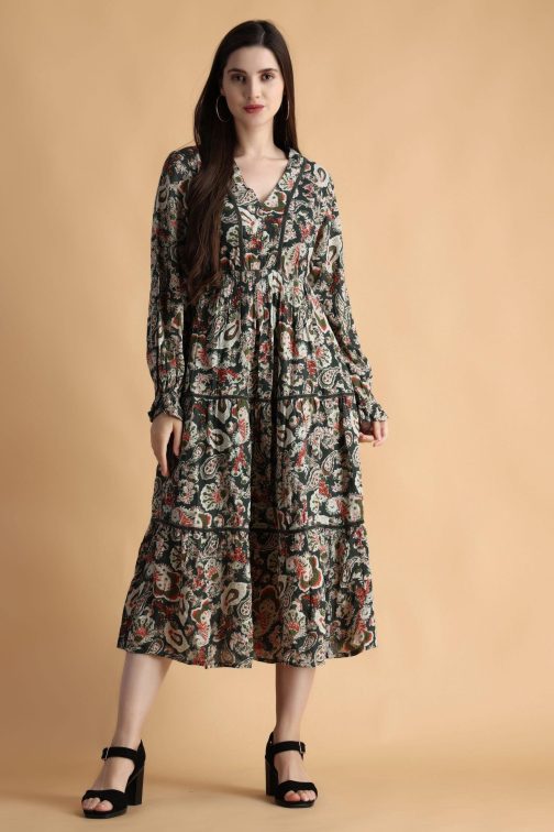 Little Wish - Dark Green Floral Printed Dress ? Chic Boho-Inspired Midi Dress